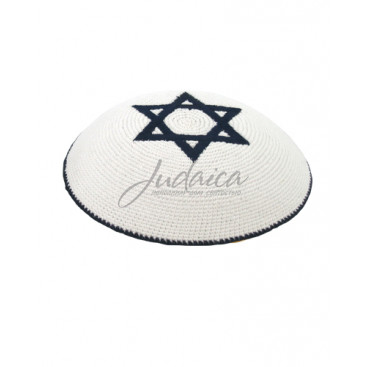 Кипа вязаная белая "Звезда Давида" (синяя)