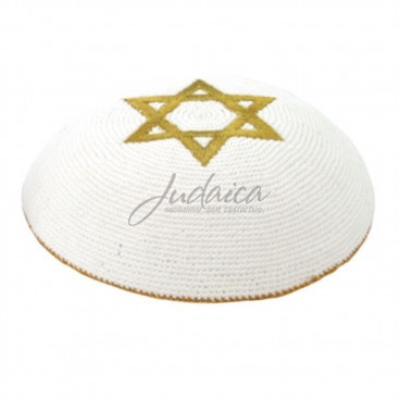 Кипа вязаная белая "Звезда Давида" (золотая)