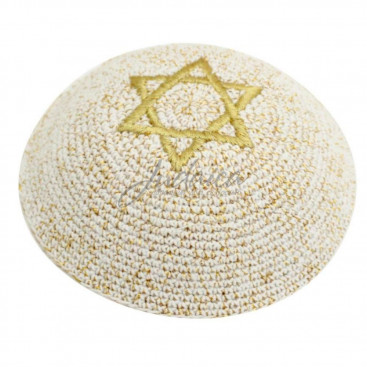 Кипа вязанная бежевая "Звезда Давида" (золото)
